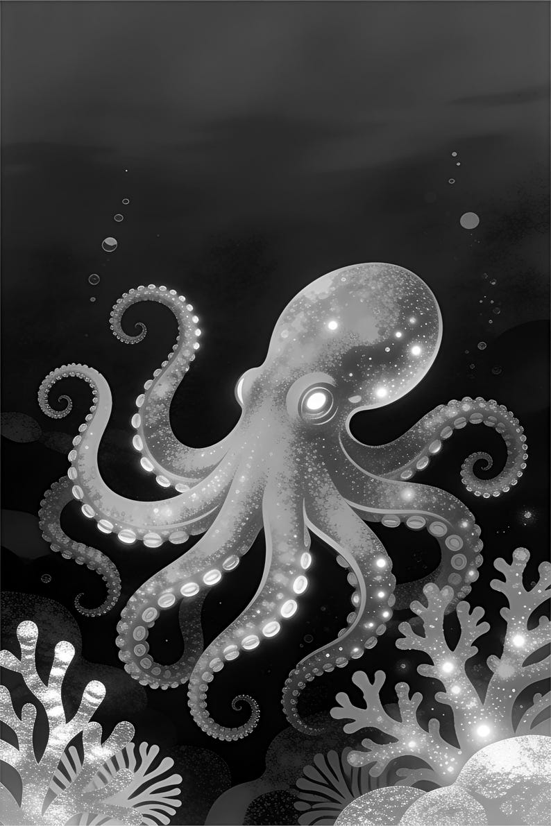 Bioluminescent Octopus Poster | Deep Sea Ocean Bathroom Wall Art Print | Dark Coastal Night Print image 17
