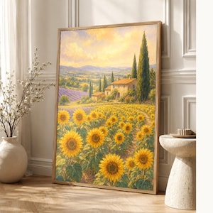 Provence Sunflowers Poster | Soft Painting France Wall Art | Sunflower Field Landscape Print | Printed & Shipped image 1