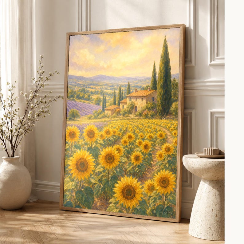 Provence Sunflowers Poster | Soft Painting France Wall Art | Sunflower Field Landscape Print | Printed & Shipped image 1