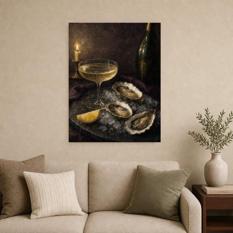 Moody Oysters Champagne Wall Art | Dark Food Still Life Poster | Kitchen Wall Art Print | Aperitivo Art image 9