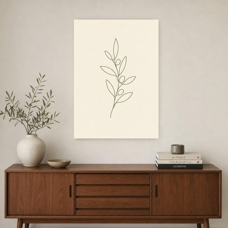 One Line Olive Branch Wall Art Print | Minimalist Line Art Print | Botanical Leaf Poster | Ivory Kitchen Decor | Japandi Sage Line Art image 2