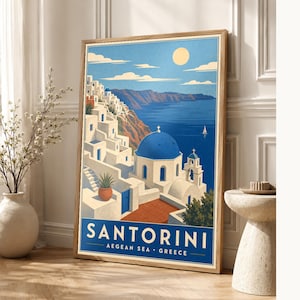 Cartel de viaje de Santorini | Arte de pared vintage de Grecia | Impresión de la Caldera del Egeo | Decoración costera azul blanca | Arte de imagen 1
