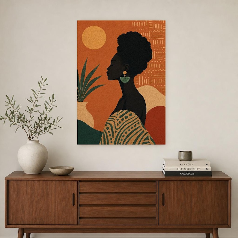 Afrohemian Wall Art Print | African Bohemian Woman Silhouette Poster | Earth Tones Boho Decor | Terracotta Ocher Modern Tribal Art image 2