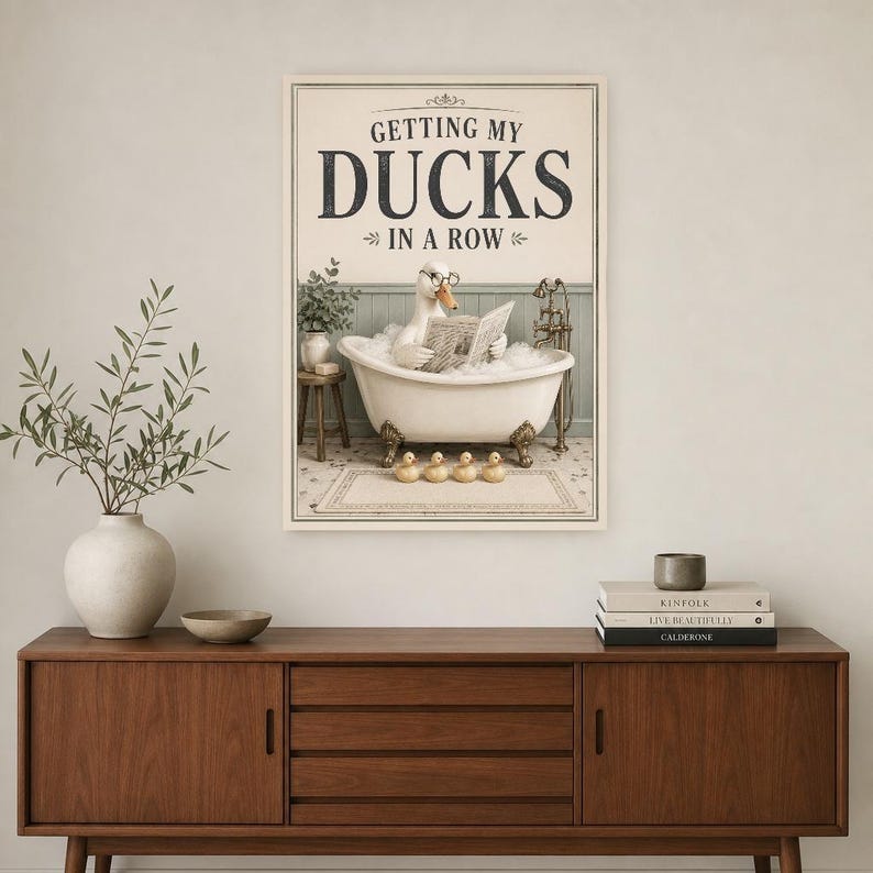 Funny Duck Bathroom Wall Art Print | Getting My Ducks In A Row Poster | Vintage Bathroom Wall Decor image 2