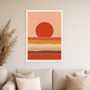 Väggkonsttryck med bränd röd sol i öknen | Minimalistisk terrakottaposter | Soltryck i papper från mitten av århundradet | Boho-inredning bild 4