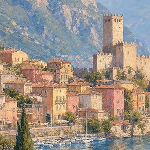 Lake Garda Travel Poster | Soft Painting Italy Wall Art | Italian Lake Malcesine Print | Printed & Shipped image 3