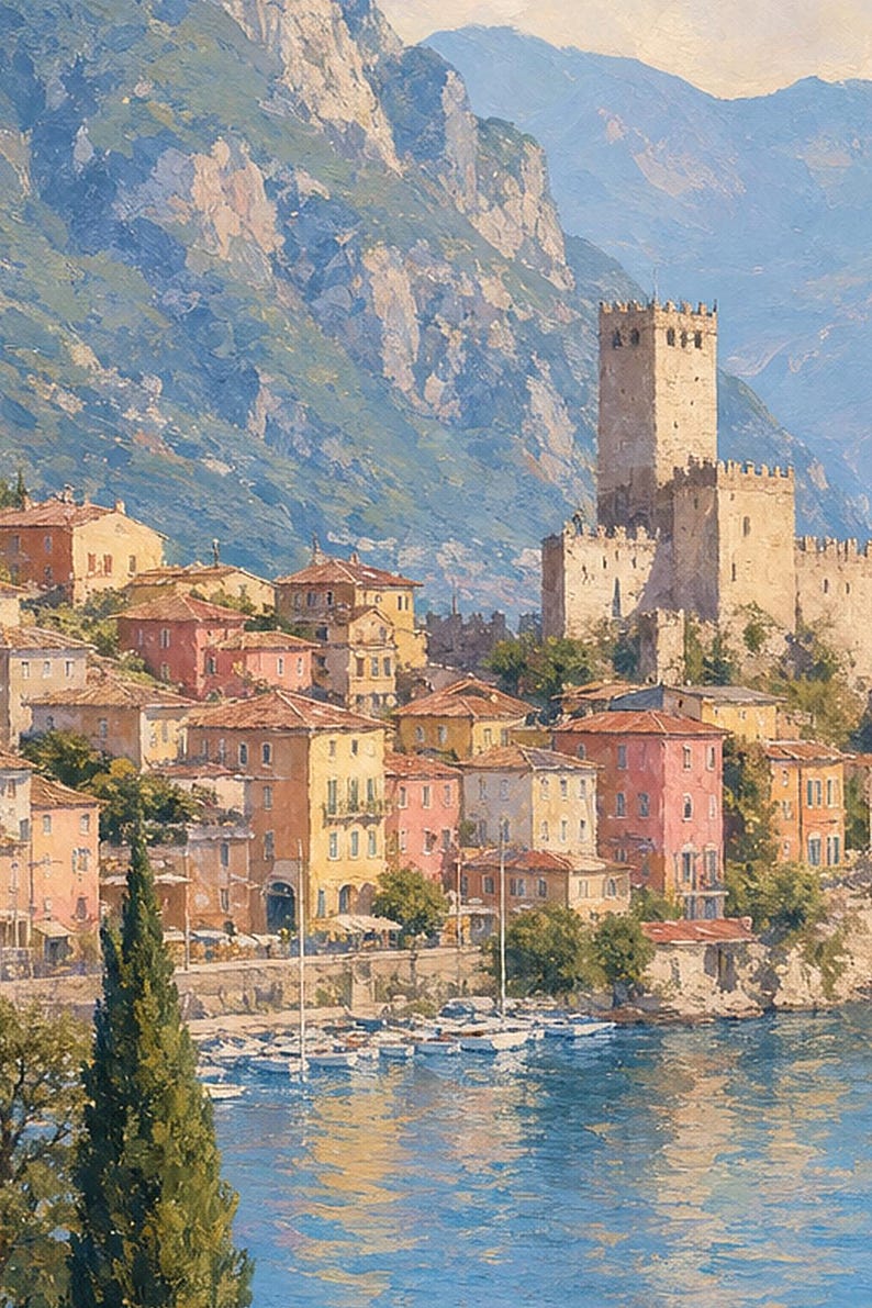 Lake Garda Travel Poster | Soft Painting Italy Wall Art | Italian Lake Malcesine Print | Printed & Shipped image 3