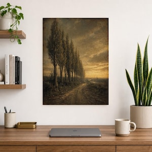 Moody Country Lane Pappelbäume Wandkunstdruck | Vintage Ölgemälde Druck | Golden Horizon Tonalistisches Dekor | Antikes Wegposter Bild 9