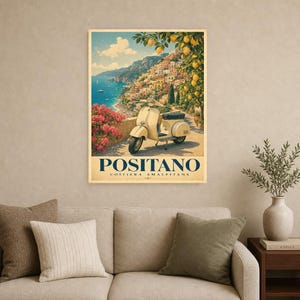 Positano Vespa Wandkunst | Italienisches Riviera-Reiseplakat | Amalfiküste Druck | Vintage Dolce Vita Roller Kunst | Mediterranes Dekor Bild 9