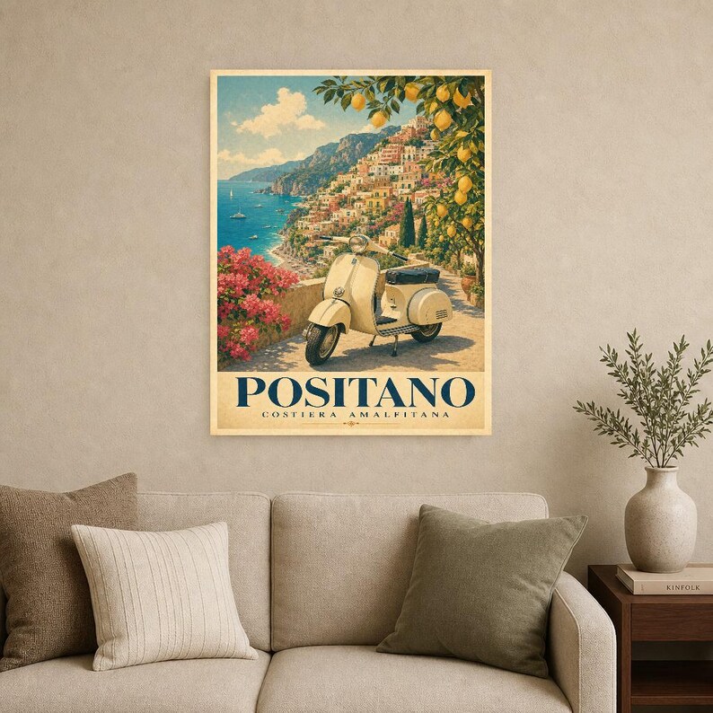 Positano Vespa Wandkunst | Italienisches Riviera-Reiseplakat | Amalfiküste Druck | Vintage Dolce Vita Roller Kunst | Mediterranes Dekor Bild 9