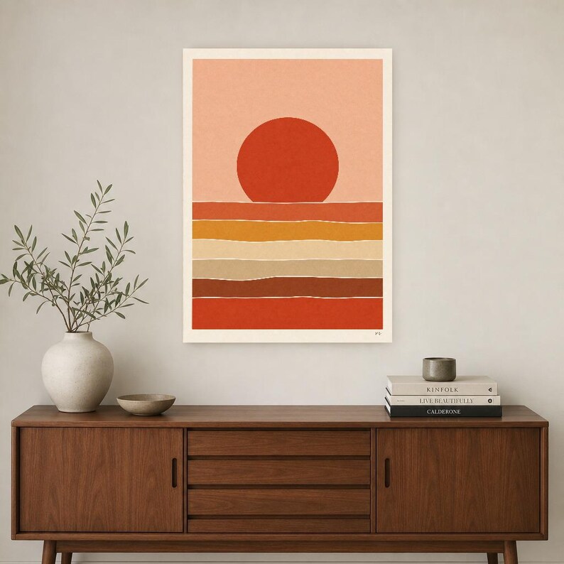 Väggkonsttryck med bränd röd sol i öknen | Minimalistisk terrakottaposter | Soltryck i papper från mitten av århundradet | Boho-inredning bild 2