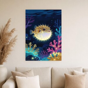 Bioluminescent Pufferfish Poster | Deep Sea Ocean Bathroom Wall Art Print | Dark Coastal Night Print image 2