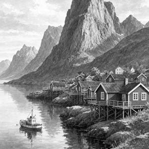 Lofoten Travel Poster | Soft Painting Norway Wall Art | Queen Fjord Fishing Village Print | Printed & Shipped image 10