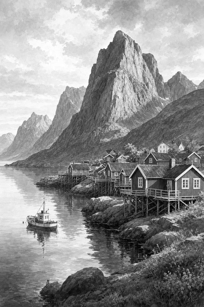 Lofoten Travel Poster | Soft Painting Norway Wall Art | Queen Fjord Fishing Village Print | Printed & Shipped image 10