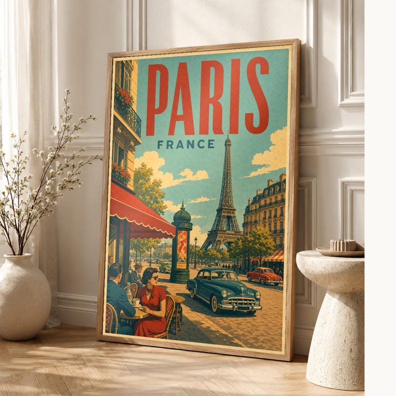 Paris Travel Poster | Vintage Eiffel Tower Print | France Wall Art | Printed & Shipped image 1
