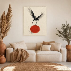 Impresión de grúa de sol rojo Arte de pared japonés | Pájaro de tinta descendente | Decoración del cartel Zen Wabi Sabi imagen 7