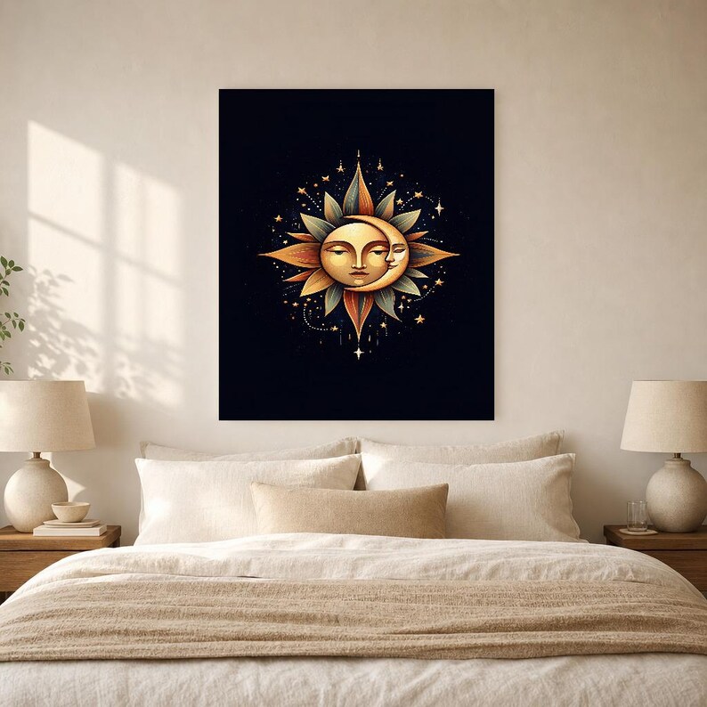 Celestial Sun and Moon Wall Art | Gold Mystical Face Poster | Boho Moon Phase Bedroom Print image 5