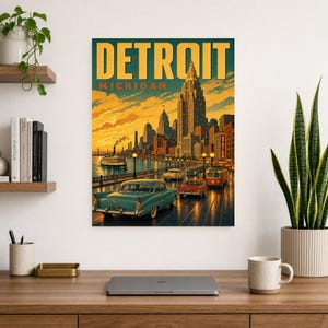 Detroit Travel Poster | Vintage 1950s Motor City Print | Michigan Wall Art Print | Mid Century City Decor image 7