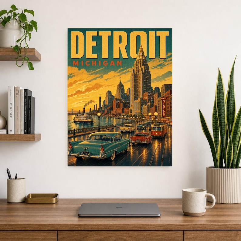 Detroit Travel Poster | Vintage 1950s Motor City Print | Michigan Wall Art Print | Mid Century City Decor image 7