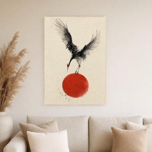 Impresión de grúa de sol rojo Arte de pared japonés | Pájaro de tinta descendente | Decoración del cartel Zen Wabi Sabi imagen 4