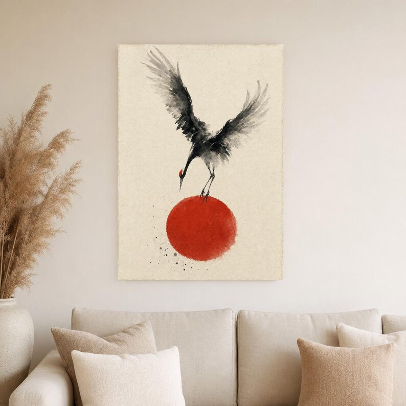 Impresión de grúa de sol rojo Arte de pared japonés | Pájaro de tinta descendente | Decoración del cartel Zen Wabi Sabi imagen 4