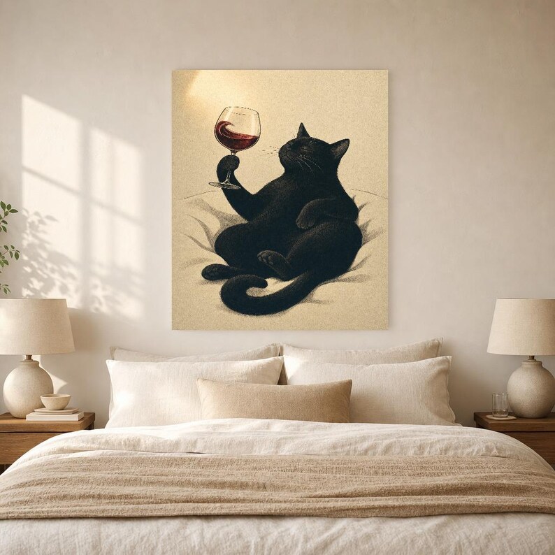 Schwarze Katze Wein Wandkunst | Rotweinglas Poster | Barwagen-Druck | Skurriles Noir Cat Club Küchendekor Bild 6