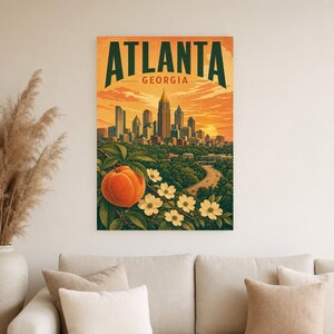 Pôster de viagem de Atlanta | Impressão vintage do horizonte da Geórgia | Arte de parede impressa da Geórgia | Decoração urbana de meados do século imagem 3