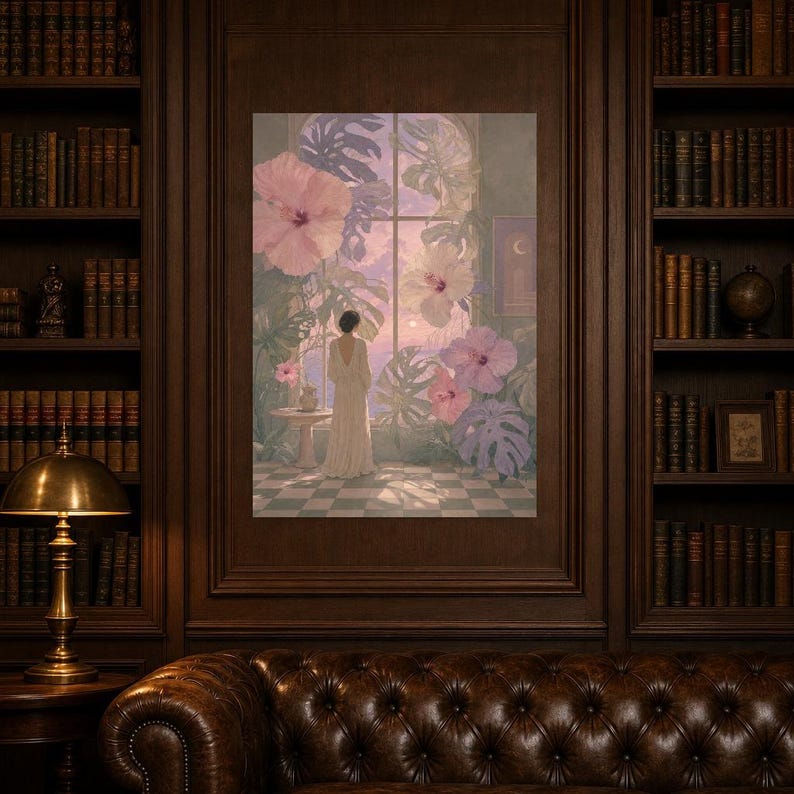 Surreal Botanical Wall Art Print | Dreamscape Flower Window Poster | Soft Surrealism Art | Pink Lavender Sage Wall Decor image 5