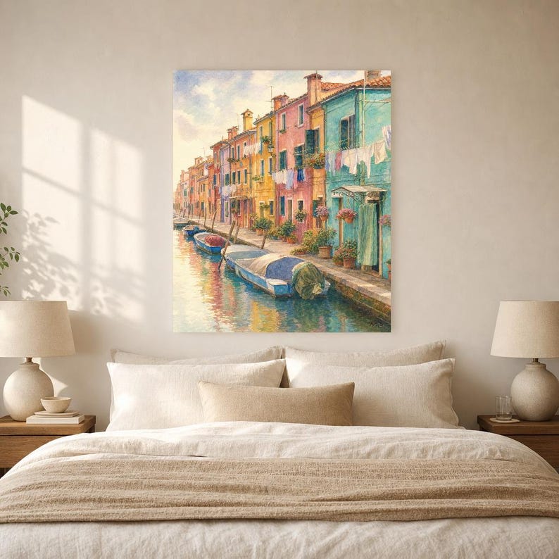 Burano Travel Poster | Soft Painting Italy Wall Art | Colorful Venice Canal Houses Print | Printed & Shipped image 5
