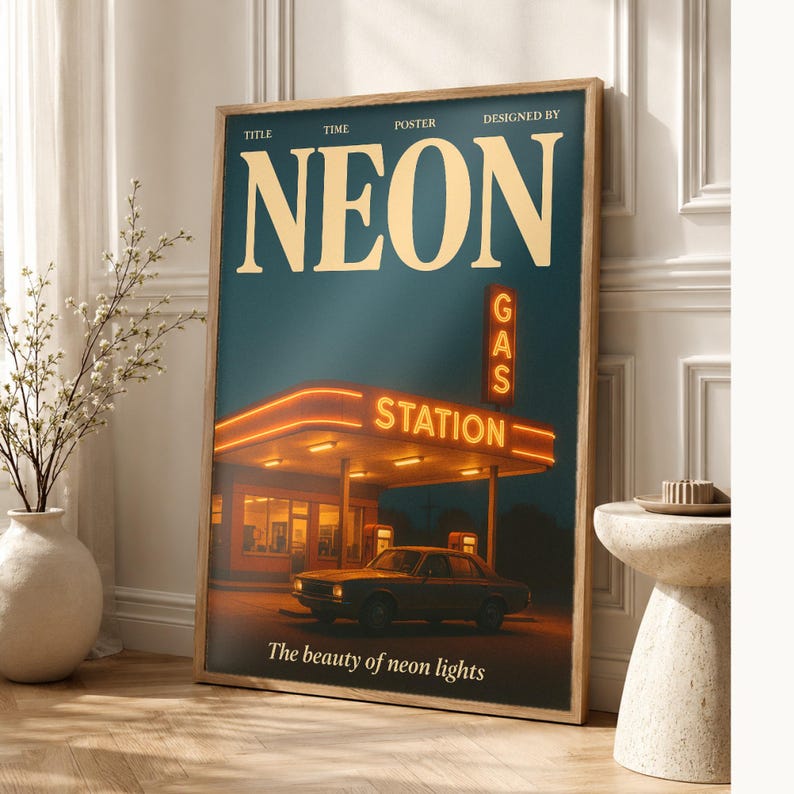 Póster retro de neón | Impresión de arte de pared vintage de los años 70 | Impresión de revista estética ? Regalo de decoración retro de med imagen 1