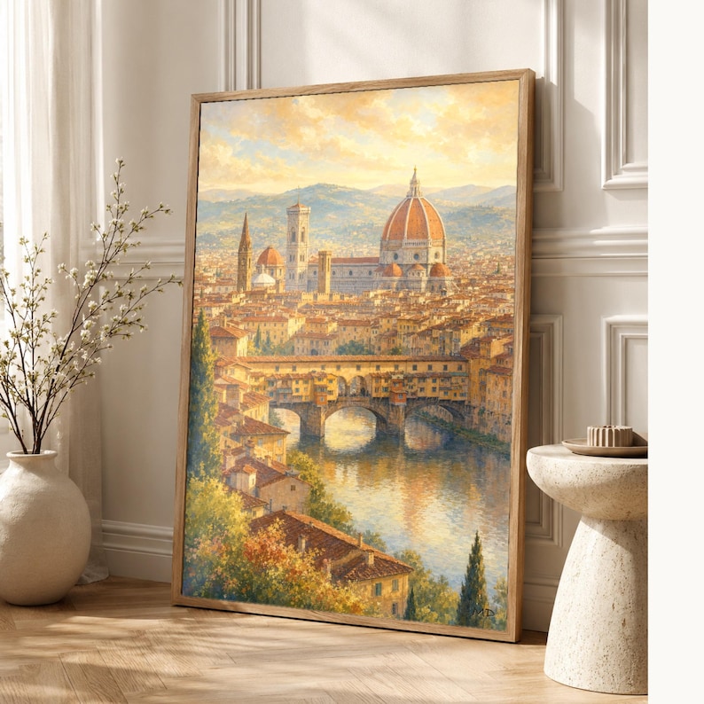 Florence Travel Poster | Soft Painting Italy Wall Art | Duomo and Arno Tuscany Print | Printed & Shipped image 1