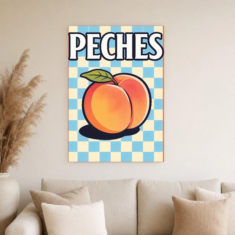Reprodukcja ściany kuchennej w kolorze brzoskwiniowym | Plakat Owocowy Retro Bistro | Maksymalistyczna kuchnia Cottagecore Print | Wystrój j zdjęcie 5