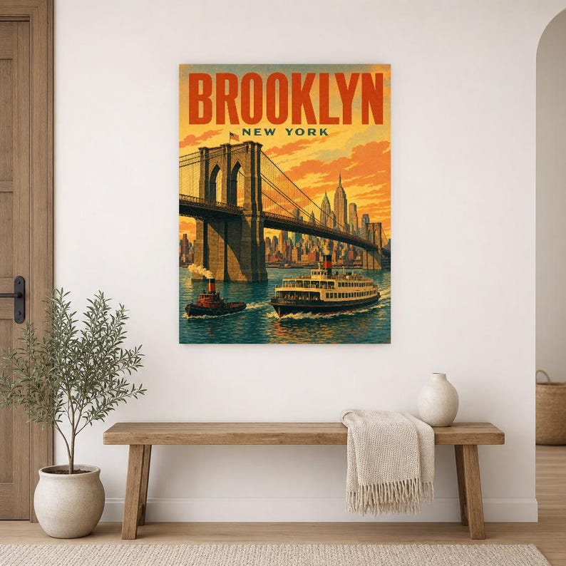 Pôster de viagem do Brooklyn | Impressão vintage da Ponte do Brooklyn dos anos 1950 | Impressão de arte de parede de Nova York | Decoração urbana de meados do século imagem 9