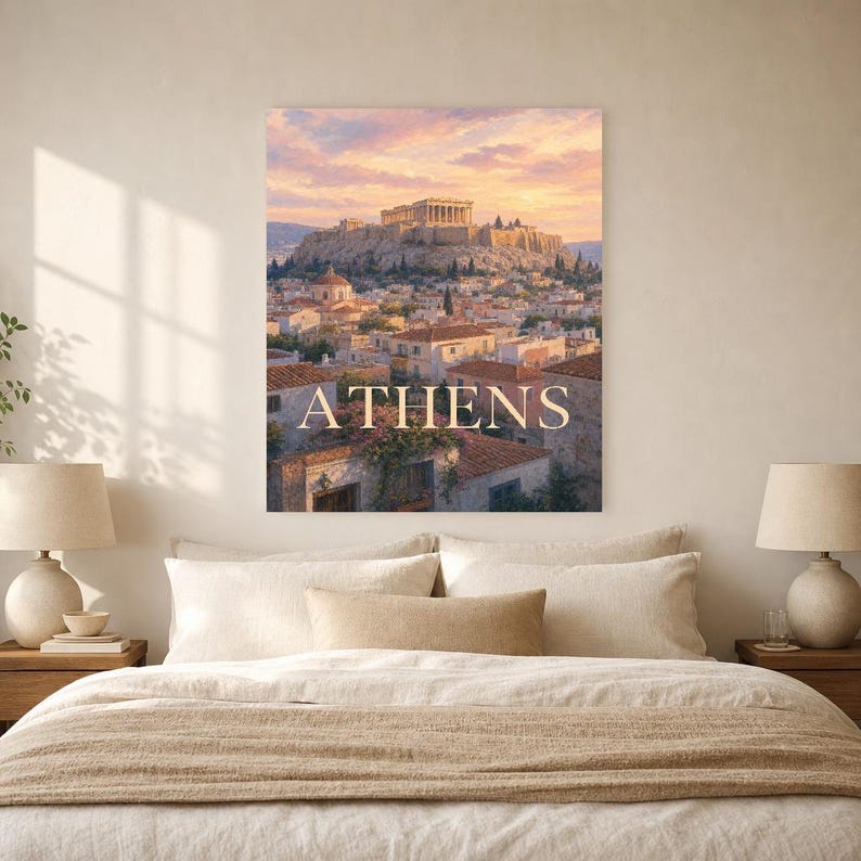 Reisposter Athene | Zachte schildering Griekenland Muurdecoratie | Kunstprint met stadsnaam | Gedrukt en verzonden afbeelding 6