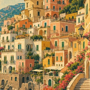 Amalfi Coast Wall Art Print | Italian Village Travel Poster | Positano Pastel Houses Print | Vintage Dolce Vita Decor | Mediterranean Art image 3