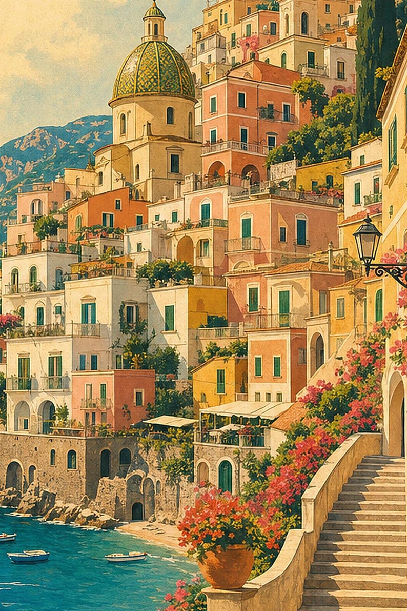 Amalfi Coast Wall Art Print | Italian Village Travel Poster | Positano Pastel Houses Print | Vintage Dolce Vita Decor | Mediterranean Art image 3