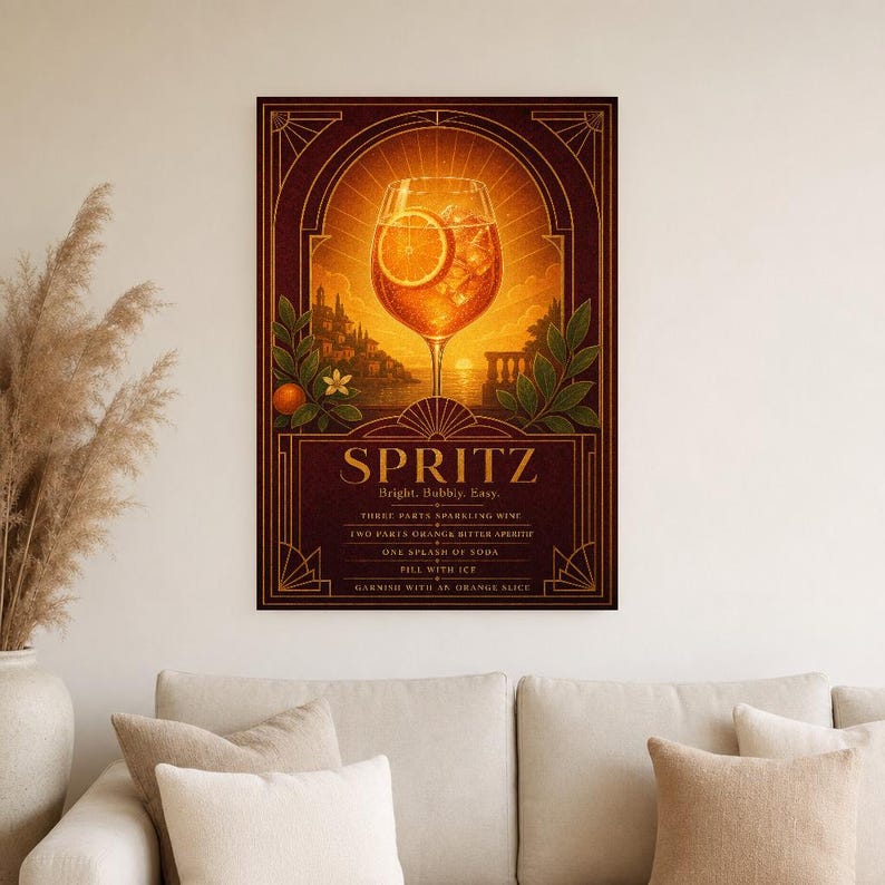 Pomarańczowy Art Deco Aperol Spritz Przepis na ścianę | Plakat z przepisem na złoty koktajl | Druk dekoracyjny wózka barowego | Aperitivo Ar zdjęcie 4