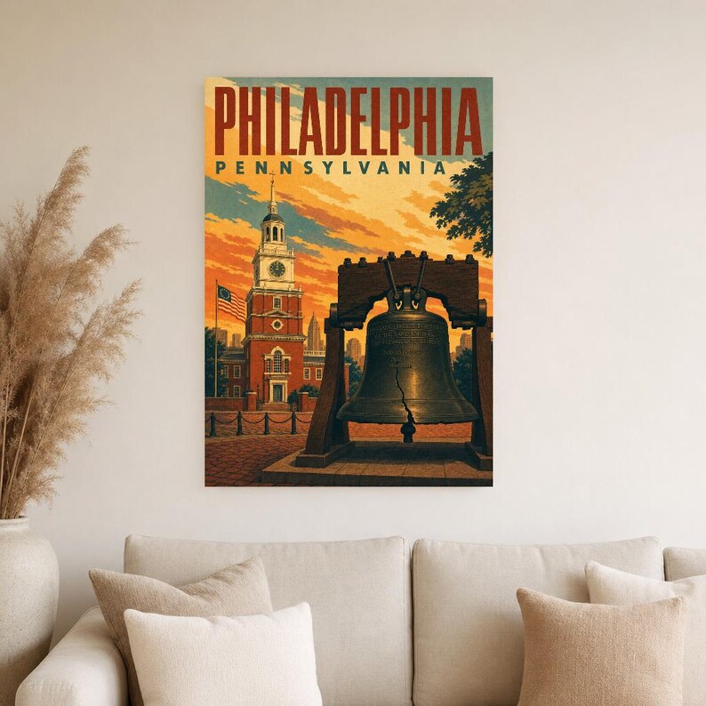 Philadelphia Travel Poster | Vintage Liberty Bell Print | Pennsylvania Wall Art Print | Mid Century City Decor image 3