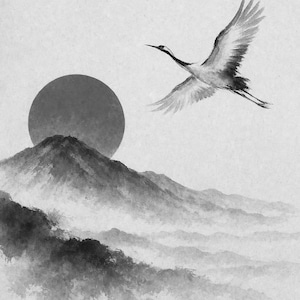 Red Sun Mountain Japandi Wall Art Print | Sumi-e Crane Print | Wabi Sabi Zen Office Poster image 10