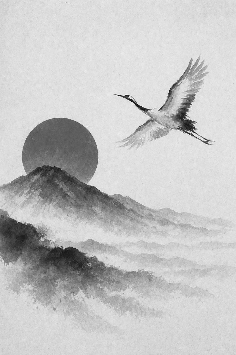 Red Sun Mountain Japandi Wall Art Print | Sumi-e Crane Print | Wabi Sabi Zen Office Poster image 10