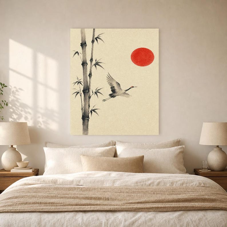 Red Sun Japandi Wall Art Print | Ink Crane and Bamboo | Sumi-e Wabi Sabi Living Room Print image 8