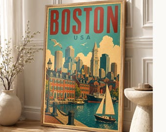 Boston Travel Poster | Vintage 1950s Skyline Harbor Print | Retro Massachusetts Wall Art Print | Mid Century City Decor