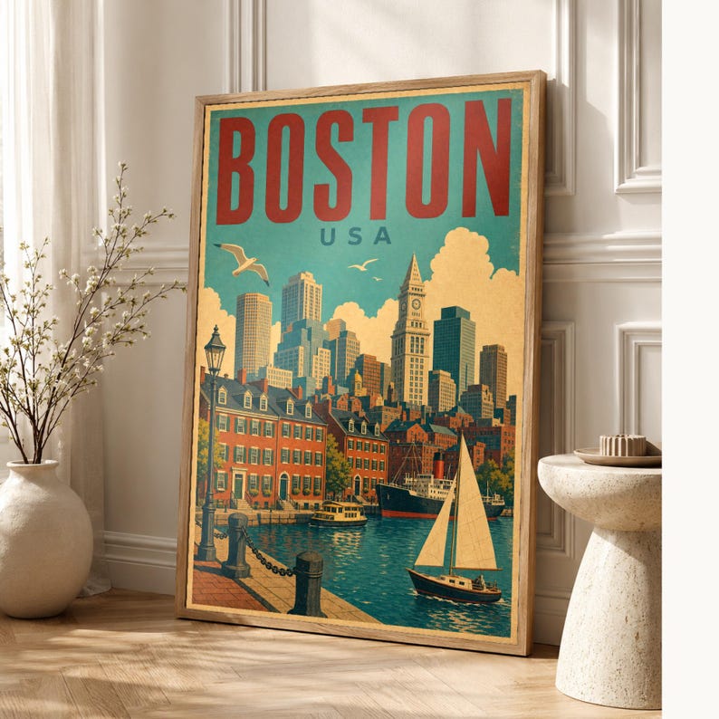 Boston Travel Poster | Vintage 1950s Skyline Harbor Print | Retro Massachusetts Wall Art Print | Mid Century City Decor image 1