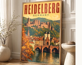 Heidelberg Travel Poster | Vintage Castle and Old Bridge Print | Germany Wall Art | Printed & Shipped
