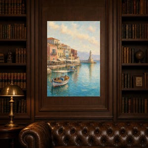 Crete Travel Poster | Soft Painting Greece Wall Art | Chania Old Harbour Coastal Print | Printed & Shipped image 4