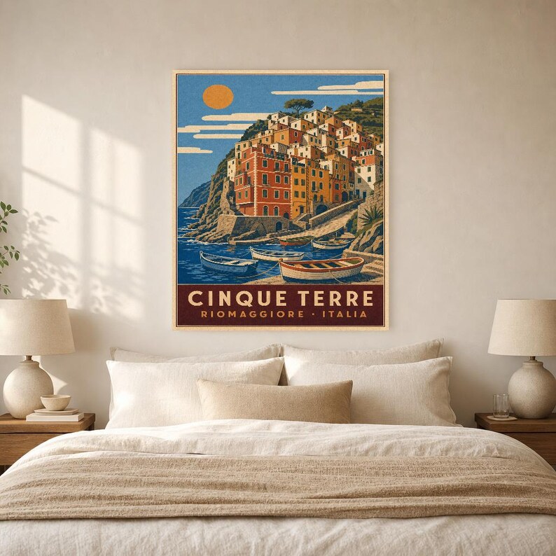 Cinque Terre Travel Poster | Riomaggiore Vintage Wall Art Print | Italian Coast Print | Italian Riviera Decor | Colorful Village Art image 6