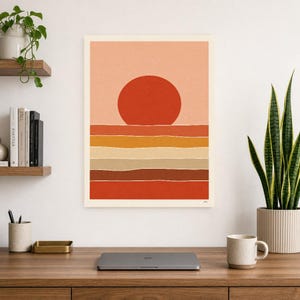Väggkonsttryck med bränd röd sol i öknen | Minimalistisk terrakottaposter | Soltryck i papper från mitten av århundradet | Boho-inredning bild 8