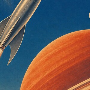 Retro Space Travel Poster | Vintage Sci-Fi Wall Art Print | Crimson Planet Rocket Art | 70s Cosmic Travel Wall Decor image 3