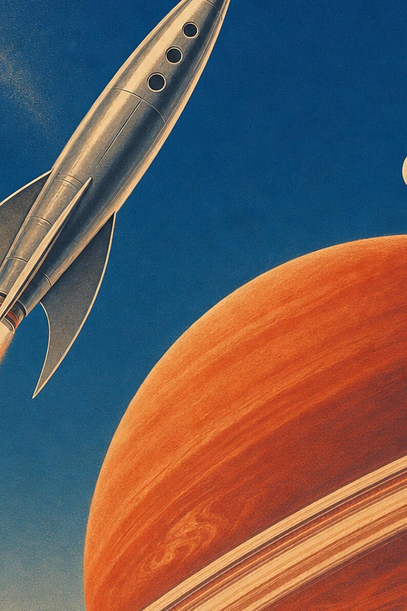 Retro Space Travel Poster | Vintage Sci-Fi Wall Art Print | Crimson Planet Rocket Art | 70s Cosmic Travel Wall Decor image 3
