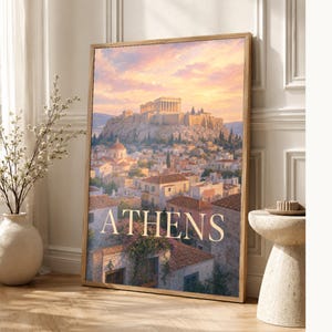 Reisposter Athene | Zachte schildering Griekenland Muurdecoratie | Kunstprint met stadsnaam | Gedrukt en verzonden afbeelding 1